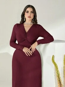 Modelyn Burgundy Red Twist Front Ribbed Knit Dress - Burgundy - View 4