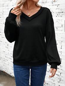 SHEIN LUNE Solid Drop Shoulder V Neck Sweatshirt - Black - View 5