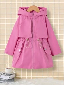SHEIN 女小童插肩袖腰部抽繩連帽風衣外套 - 玫紅色 - 查看 2