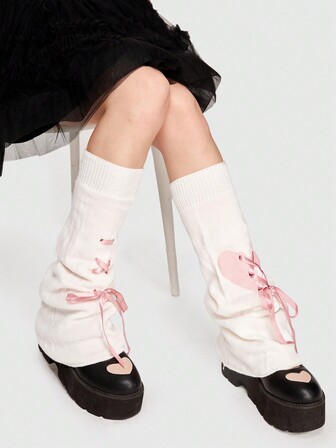 Kawaii 1pair Women Heart Pattern Lace-up Front Leg Warmers