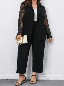 SHEIN CURVE+ 大碼蕾絲拼接西裝外套和褲子 - 黑色 - 查看 1