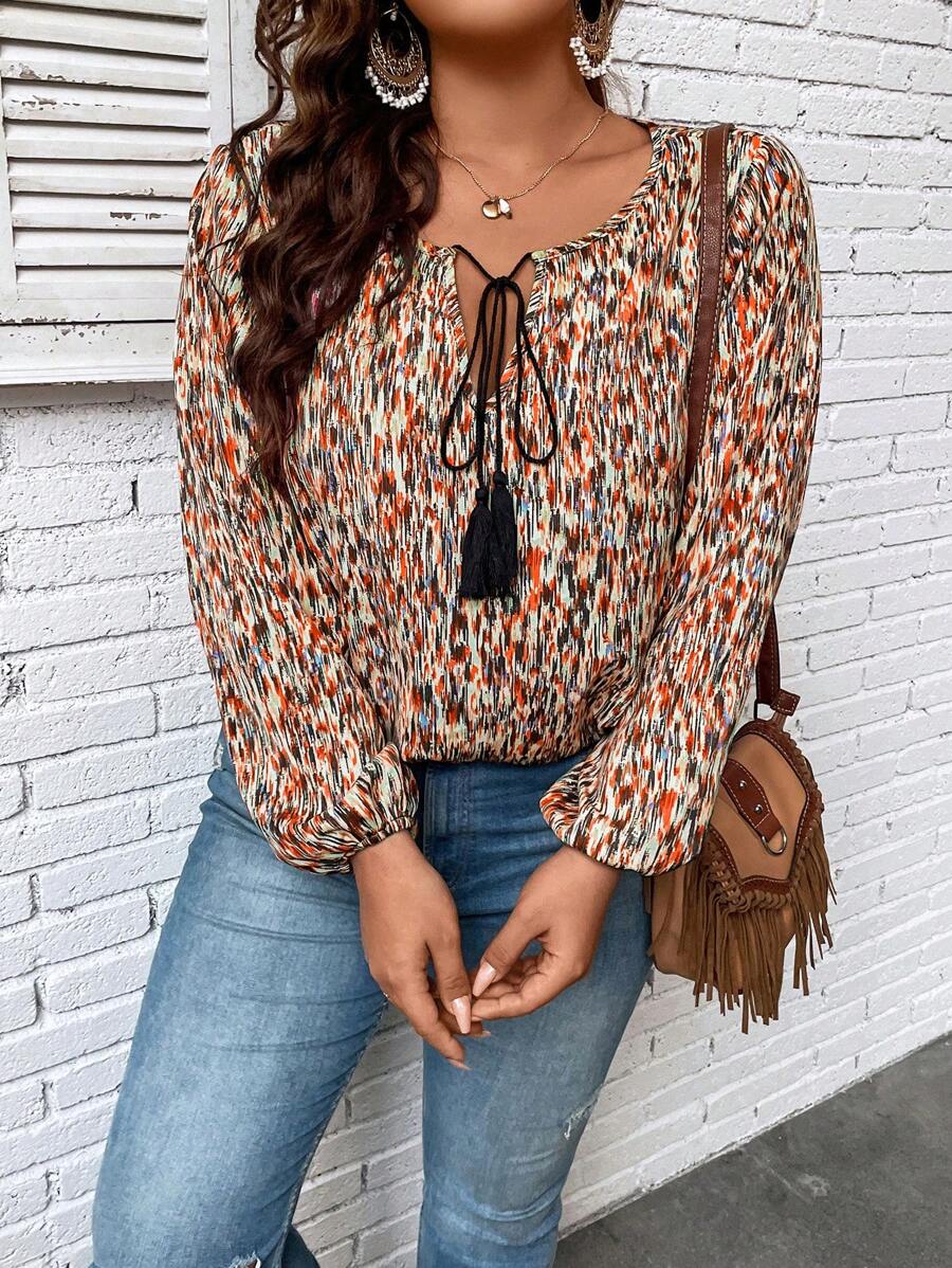 Breezaya Áo sơ mi Plus Size mép Tất cả trên in Boho - Nhiều màu - Xem 1