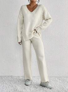 SHEIN Frenchy 落肩毛衣和針織褲 - 杏色 - 查看 3