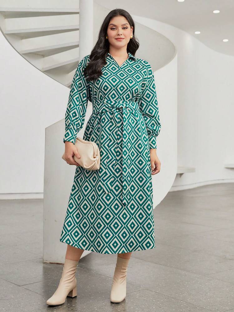 Plus Allover Print Belted Shirt Dress