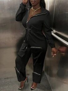 Slaydiva 女式休闲连体裤，带拉链口袋和卷边下摆，黑色，长款 - 黑色 - 查看 1