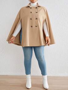 SHEIN Privé 加斗篷袖雙排扣大衣 - 駝色 - 查看 6