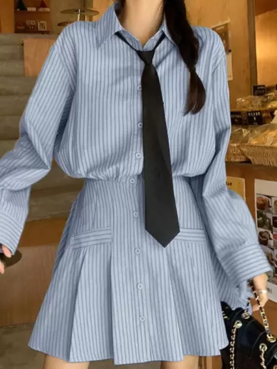 韩版可爱甜美女式条纹褶皱领收腰连衣裙（包含领带，随机格子图案）