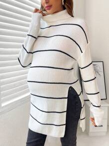 SHEIN Maternity Striped Pattern Turtleneck Drop Shoulder Split Hem Sweater With Long Sleeve, For Winter - Black and White - View 5