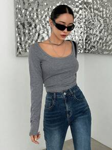 DAZY Áo thun crop top cổ tròn tay dài cho nữ - Màu xám đen - Xem 5