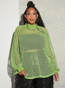 SHEIN CURVE+ Hơn Cổ giả Lưới Lưới cá Áo - màu xanh lá - Xem 5