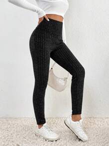 SHEIN Frenchy Solid Ribbed Knit Black Skinny Leggings Casual - Black - View 5