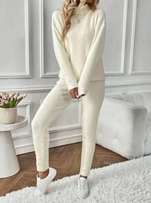 SHEIN Essnce Áo cao cổ Thả vai Áo len & Quần dệt kim - Màu be - Xem 7