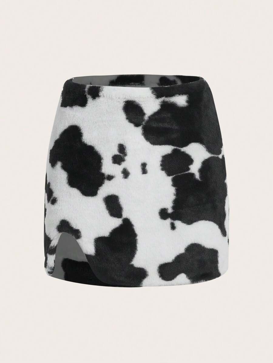 SHEIN ICON Cow Pattern Mini Flannel Skirt SHEIN USA