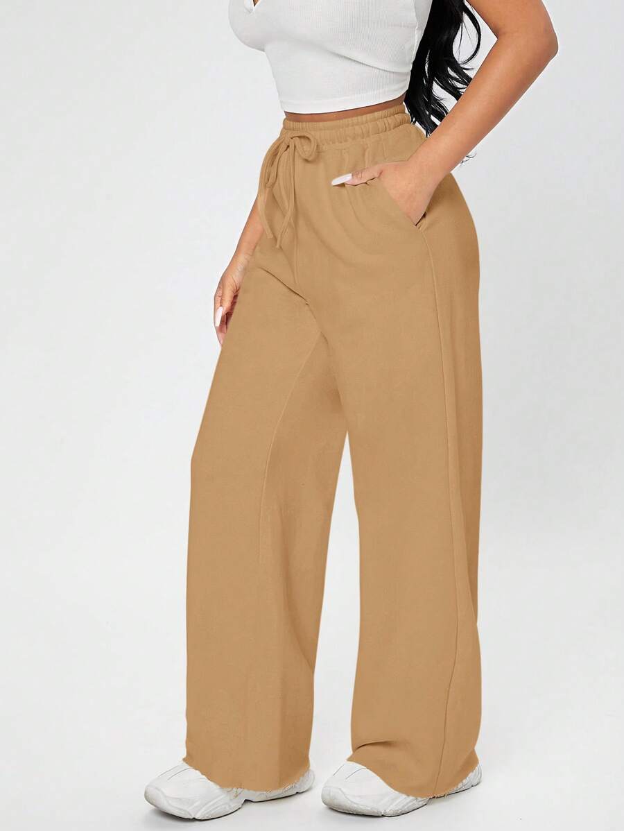 SHEIN PETITE 抽繩腰闊腿運動褲 - 駝色 - 查看 1