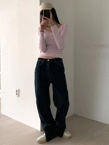 DAZY 淨色低圓領短款T恤 - 粉色 - 查看 5