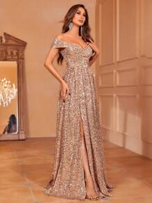 Faeriesty Off Shoulder Slit Sequin Buckle Belted Dress - Champagne - View 6