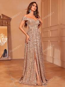 Faeriesty Off Shoulder Split Thigh Sequin Formal Dress Elegant Prom Evening Wedding Guest Gown, For Graduation, Dinner Party Dress