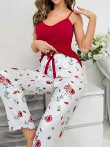 CottageSlumber Cami Top And Bow Front Floral Sleep Pants PJ Set / Pajama Set Bow Tie - Burgundy - View 4