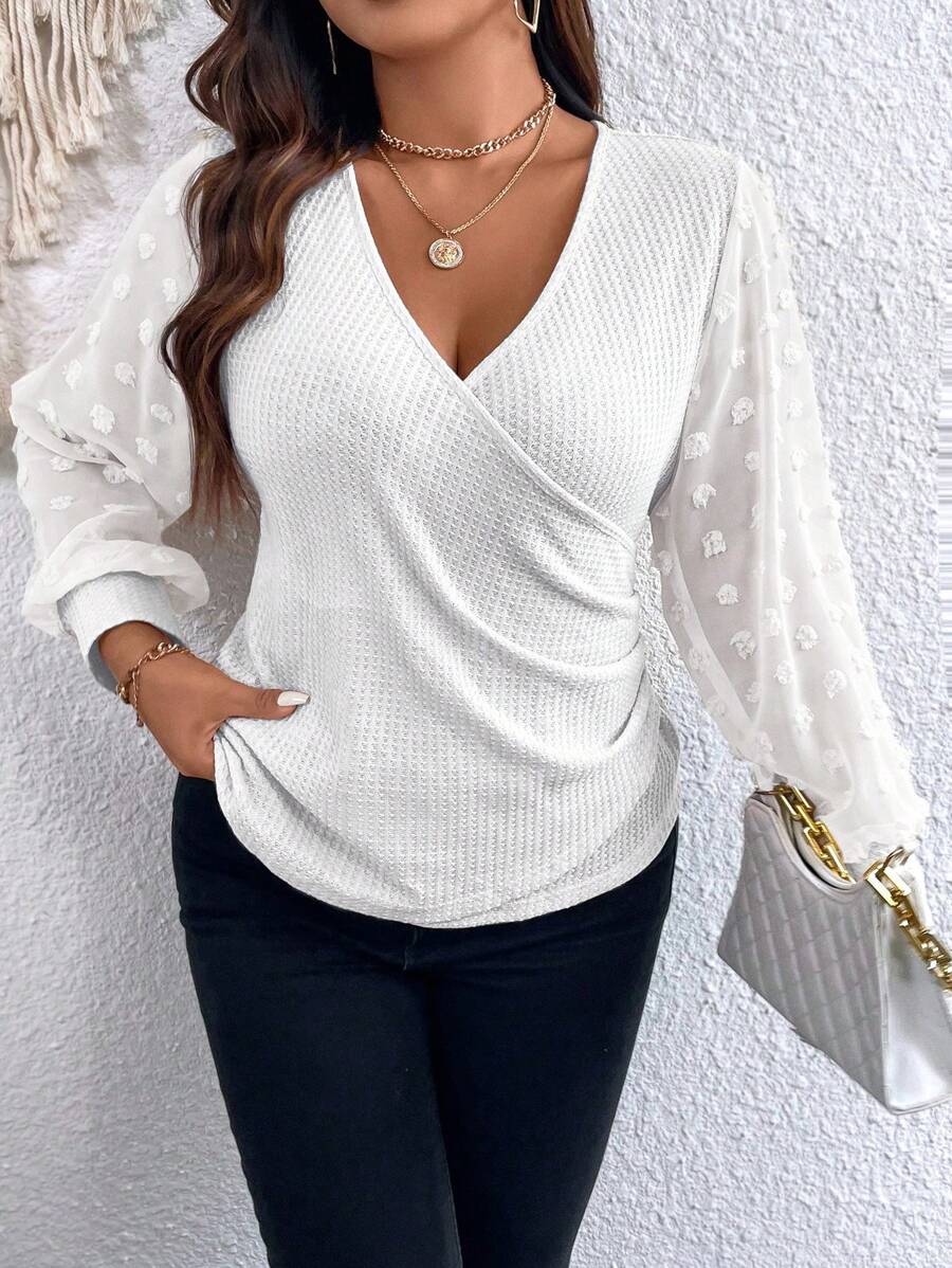 Celure Talla grande Top de lunares de manga farol fruncido lateral - Blanco - Ver 1