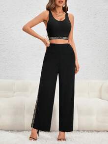 SHEIN Essnce 鏈條印花短款背心和褲子 - 黑色 - 查看 3