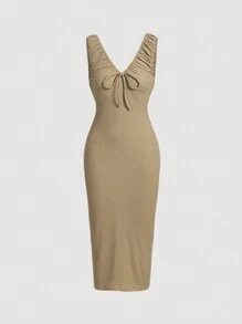 SHEIN MOD 素色前繫帶褶邊洋裝 - 杏色 - 查看 1