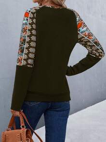 SHEIN LUNE Geo Print Raglan Sleeve Sweatshirt - Army Green - View 2