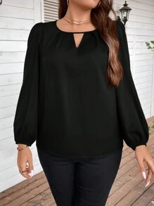 SHEIN Clasi Plus Keyhole Neckline Lantern Sleeve Blouse - Black - View 1