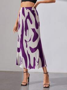SHEIN Tall Graphic Lettuce Hem Print A-line Skirt - Purple - View 1