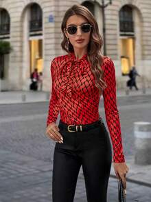 SHEIN Clasi Allover Print Tie Neck Bodysuit - Multicolor - View 5