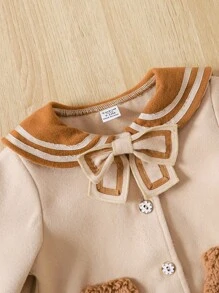 Baby Girls Contrast Teddy Pocket Patched Bow Front Peter Pan Collar Lantern Sleeve Overcoat - Apricot - View 4