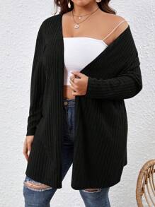 SHEIN VCAY Plus Drop Shoulder Open Front Summer Coat Winter Fall Autumn - Black - View 1