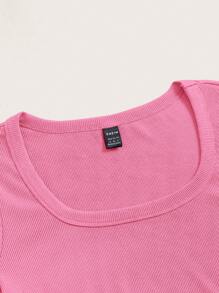 Muchica Spring Dress Square Neck Rib-Knit Crop Tee - Pink - View 4