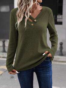 SHEIN LUNE Button Detail V Neck Tee - Army Green - View 3