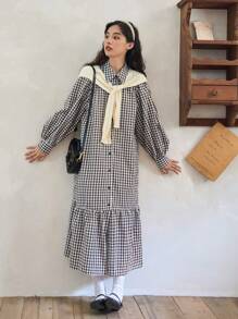 FRIFUL Váy sơ mi viền bèo in họa tiết Gingham - Nhiều màu - Xem 4