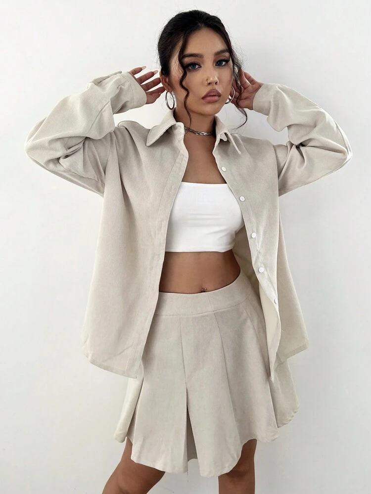 Solid Drop Shoulder Shirt & Pleated Skirt Fall Cloth For Women