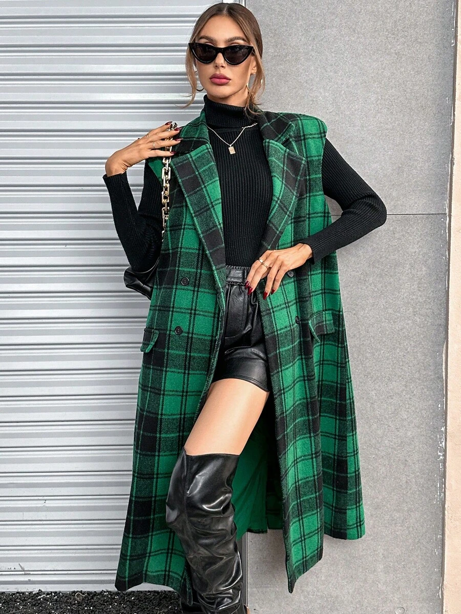 SHEIN Essnce 格紋印花雙排釦背心大衣 - 綠色 - 查看 1