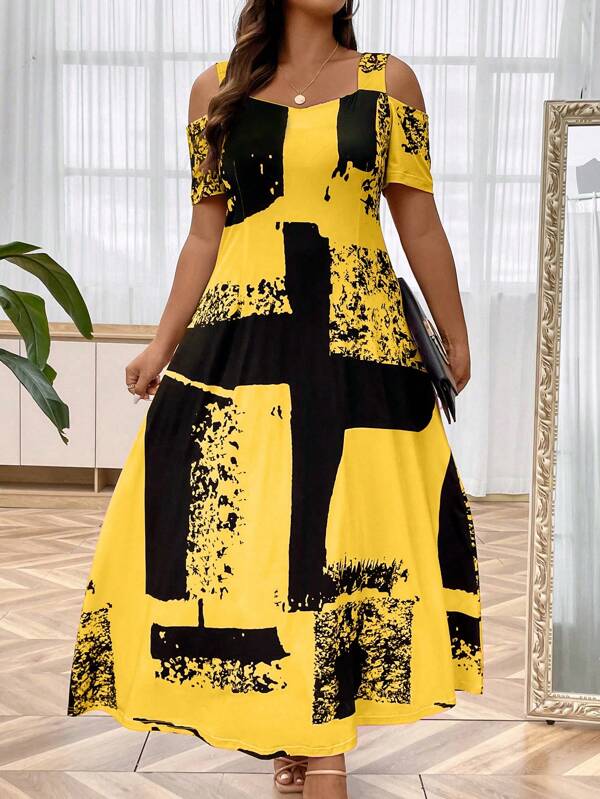 Rochie Maxi Femei Plus Print Grafic Umeri Rece, Tinuta De Vara