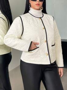 SHEIN Privé Plus Contrast Binding Quilted Coat - Beige - View 5