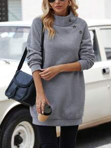 EMERY ROSE 女士开领装饰纽扣羊毛面料休闲舒适保暖套头连帽衫，秋冬季，长袖上衣 - 深灰色 - 查看 4