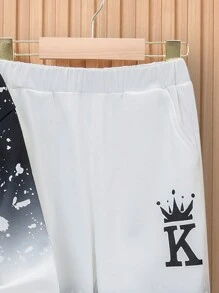 SHEIN Leap Crew Tween Boy Letter Graphic Ombre Sweatshirt & Sweatpants - Black and White - View 6