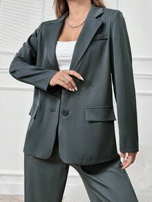 SHEIN Unity 翻領單排扣西裝外套和褲子 - 灰色 - 查看 5