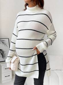 SHEIN Maternity Striped Pattern Turtleneck Drop Shoulder Split Hem Sweater With Long Sleeve, For Winter - Black and White - View 1