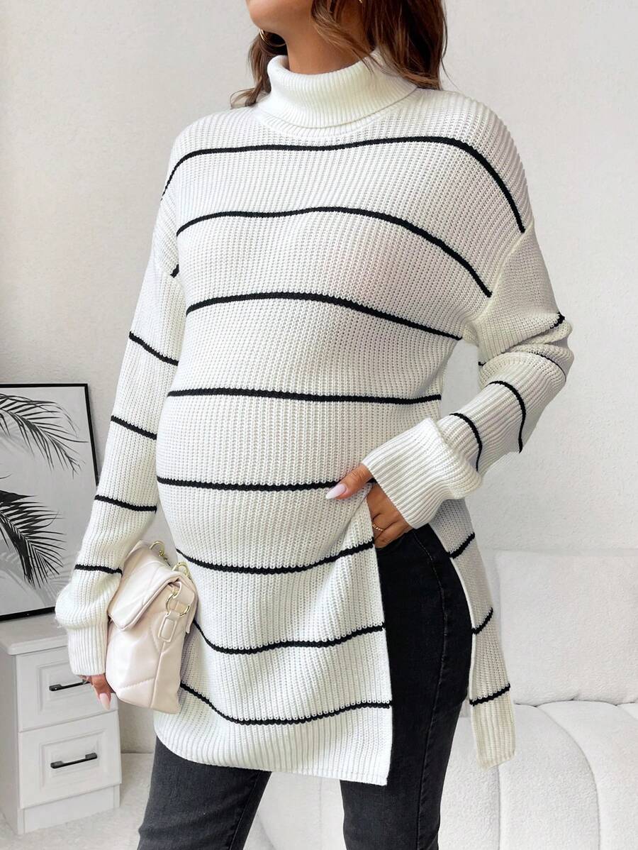 SHEIN Maternity Striped Pattern Turtleneck Drop Shoulder Split Hem Sweater With Long Sleeve, For Winter - Black and White - View 1
