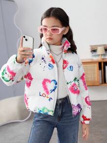 SHEIN Tween Girl Tie Dye Drop Shoulder Zipper Padded Coat - Multicolor - View 1