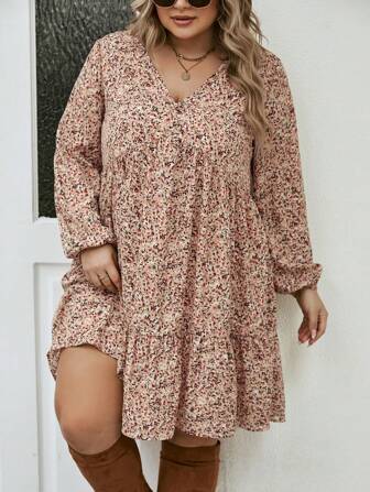 SHEIN LUNE Plus Ditsy Floral Print Lantern Sleeve Ruffle Hem Smock Dress