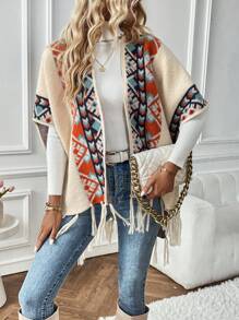 SHEIN LUNE Mẫu Geo Fringe Hem Áo Cardigan - Màu be - Xem 6