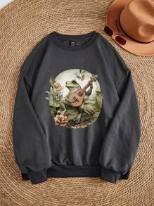 SHEIN LUNE Casual Animal & Plant Printed Round Neck Plus Size Sweatshirt For Women, Casual Fit With Slight Stretch - Dark Grey - View 1