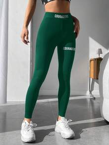 SHEIN PETITE Letter Graphic Leggings - Dark Green - View 6