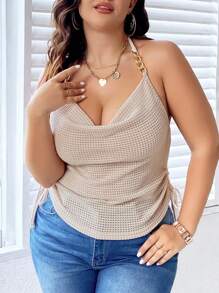 Calvaya Plus Draped Collar Drawstring Side Tie Backless Halter Top - Apricot - View 1