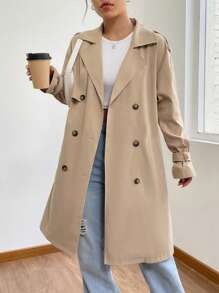 SHEIN EZwear 翻領雙排扣束帶風衣